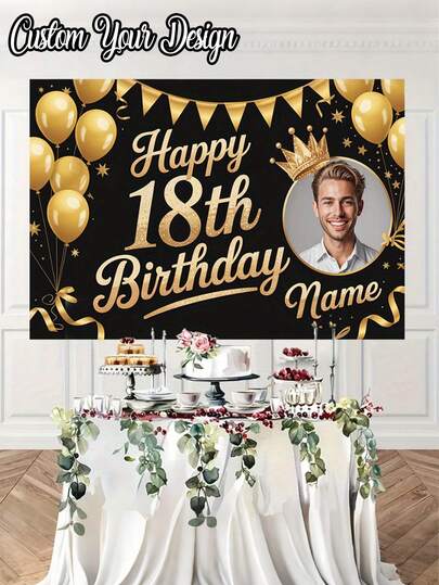 1 cái - Banner trang trí tiệc sinh nhật lần thứ 18 tùy chỉnh - Ảnh và văn bản cá nhân hóa, thiết kế bóng bay và vương miện, phông nền bàn bánh bằng polyester, phông nền Chúc mừng sinh nhật tùy chỉnh với tên và ảnh, áp phích in chủ đề đen và vàng tùy chỉnh, kỷ niệm sinh nhật lần thứ 50 với nền đen bóng và các chi tiết lấp lánh vàng.