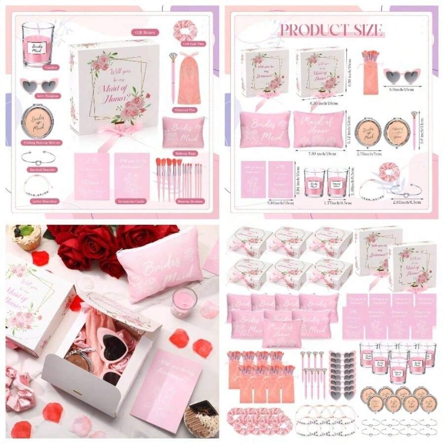 88 Pcs Bridesmaid Proposal Gifts Bridesmaid Box Set Maid Of Include Box Candle Invited Cards Scrunchies Hair Elastics Ties Knotted Bracelets Pens Blue - 粉紅色 + 清新 - 查看 1