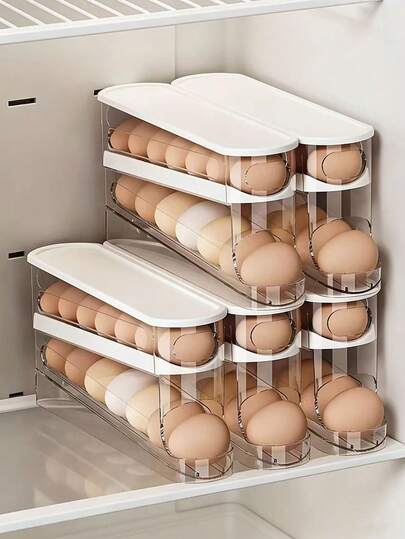 1pc Automatic Double-Layer Sliding Egg Storage Box - Flip-Top Design Fresh Egg Holder - Essential Kitchen Storage Solution And Refrigerator Space Saver Egg Tray, Suitable For Kitchen And Fridge Storage, Holds 12-14 Eggs