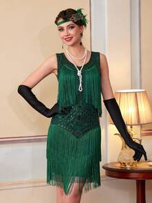 Vestido de fiesta con flecos y decoración de lentejuelas en escote en V, estilo Flapper de los años 20, con set de accesorios - Verde - Ver 4
