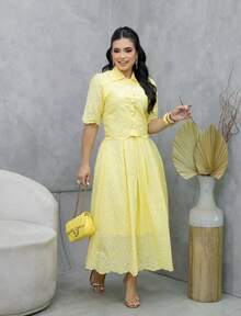 Women's Evangelical Fashion Set, Elegant Embroidered Cotton Lace, Modest Skirt And Midi Blouse Set For Congresses. - Màu vàng - Xem 2
