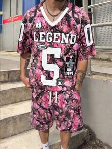 Men's Pink Branch Pattern Set, American Streetwear Numeric Print Casual 2 Pieces Outfit - Pink - View 8