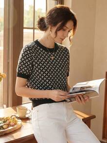 Knit Mix 优雅女士春夏时尚日常居家休闲通勤气质法式针织撞色图案短袖圆领罗纹边宽松套头T恤上衣，基础款返校复古春夏情侣装 - 黑色 - 查看 11