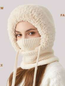 1pc Women Solid Color Cute Balaclava Hat, Winter Ear Warmer Hat With Face Mask Knitted Scarf, Suitable For Daily Wear - Multicolor - View 3