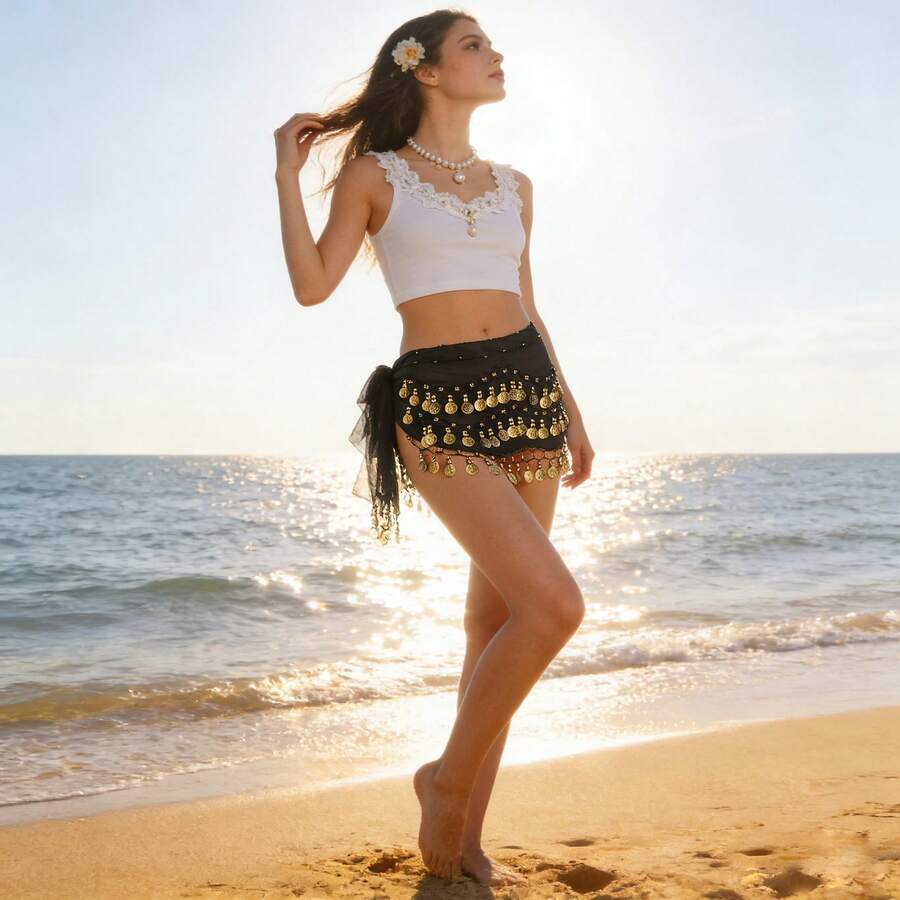 1 chiếc đai eo múa bụng đính sequin, đai quấn eo váy múa bụng, phụ kiện cần thiết cho bữa tiệc Halloween. - Nhiều màu - Xem 1