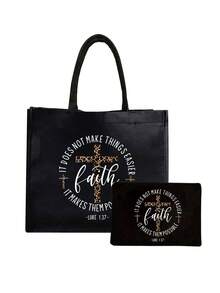 Christian Large Capacity Tote Bag Set, Equipped With Inspirational Faith Quote Printed A Zipper Cosmetic Bag, ,Inspirational Quotes Printed With "God", Faith Conquers Fear Christian Multifunctional Handbag, Large Capacity Shoulder Bag, Casual Linen Bag - Multicolor - View 12