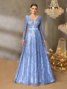 Faeriesty Vestido de noche de mujer con cuello en V profundo, decorado con lentejuelas, con mangas de malla transparente, vestido formal de línea A elegante, adecuado para cenas de gala, invitados de boda, eventos de alfombra roja, celebraciones y fiestas formales - Azul - Ver 3