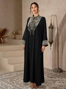 1pc Muslim Women's Gold Embroidered Abaya Robe - Embroidery Design, Long Sleeve Festival Dress Suitable For Eid, Weddings And Religious Ceremonies, Traditional Muslim Clothing - Black - View 10