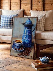 1 pièce Impression murale de cafetière arabe sans cadre, affiche en céramique bleue du Moyen-Orient, décoration de cuisine moderne, illustration de bar à café - Multicolore - Voir 3