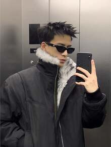 Chaqueta Invernal Desestructurada Estilo Retro Americano: Abrigo Acolchado con Cuello de Piel, Grueso, Cálido y Versátil para un Look de Alta Gama - Negro - Ver 1