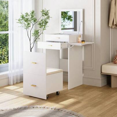 Living And Home White Dressing Table Set With HD Mirror Cushioned Stool With Wheels Multiple Extra Storage Drawers Compartments Nordic Modern Style Home Use For Bedroom Dressing Room