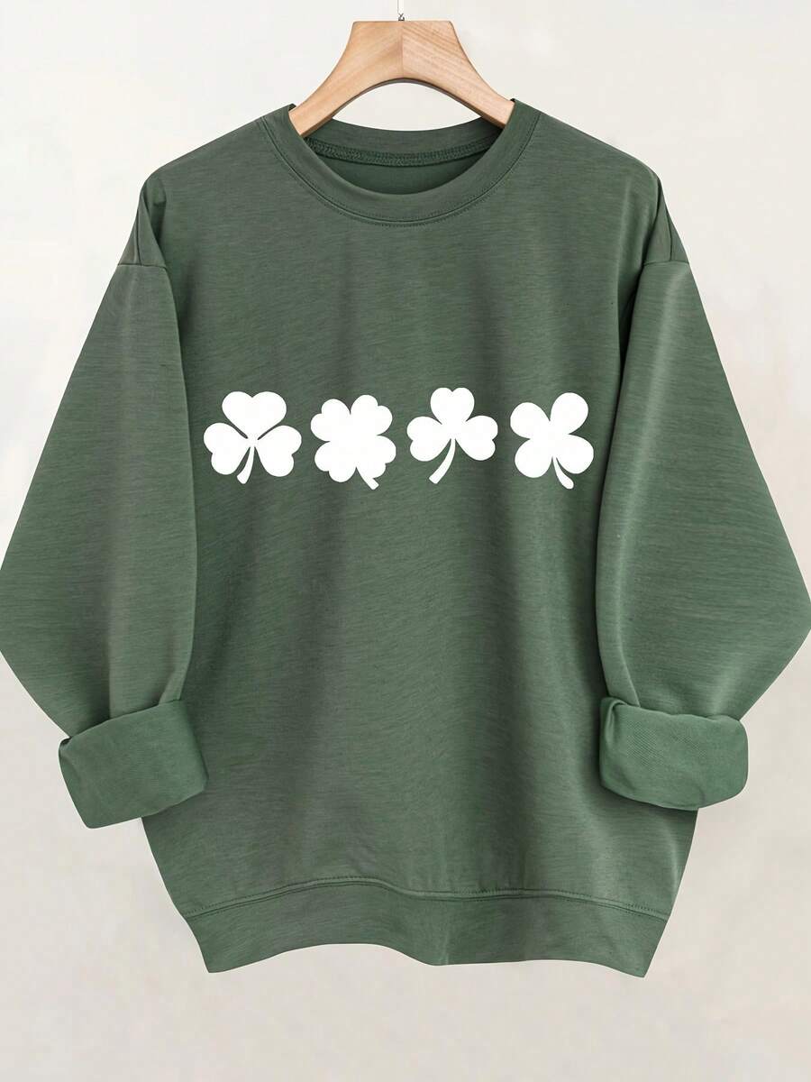 Long Sleeve St. Patrick's Day Clover Print Casual Crew Neck Pullover Sweatshirt, 's Clothing    Loose Crewneck Sweatshirt - Unisex, Casual Style, Suitable For All Seasons |   Valentine's Day Special , - màu xanh lá - Xem 1