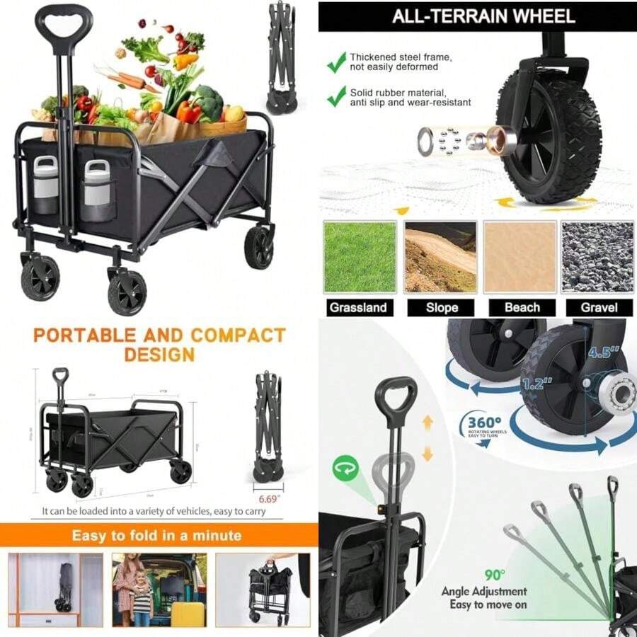 Carro Plegable Multifuncional Aire Libre.Carro Plegable con Mango Ajustable y Ruedas Giratorias De 360 Grados. para Exteriores,Campamento,Compras, Supermercado (Negro)(default) - Multicolor - Ver 1
