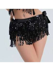 1件亮片流苏半身裙，性感露脐裙，可调节腰带，臀巾式裹裙，适合狂欢节、锐舞派对、舞蹈表演等场合，波西米亚风、复古风，适合节日、派对、夜店、海滩等场合穿着，异域风情服饰装饰。 - 彩色 - 查看 3