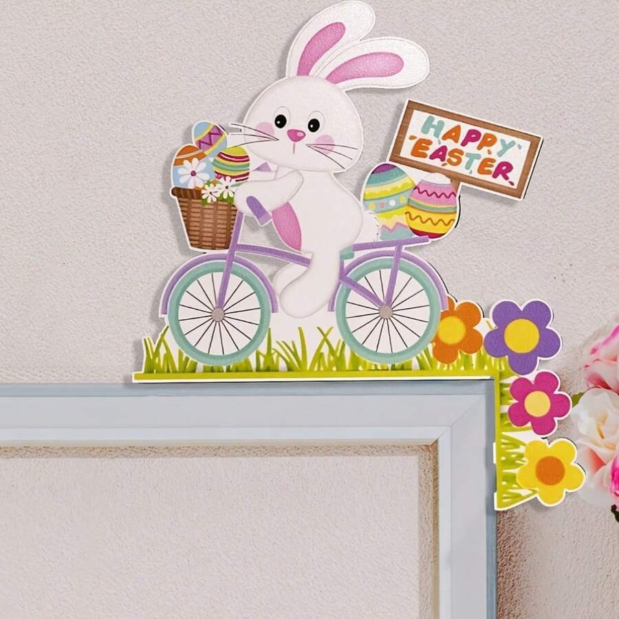 1pc Exquisite Easter Bunny Riding Bicycle 2D Acrylic Wall Decor - Colorful Frame And Wall Decoration With "Happy Easter" Sign, Flowers And Eggs - Ideal For Home, Office And Party Decoration - Multicolor - View 1