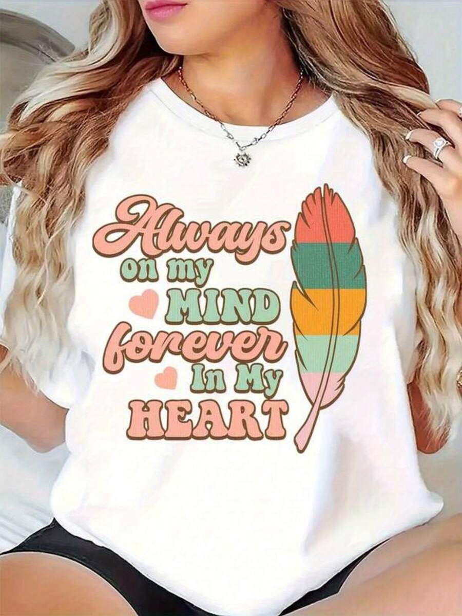 Women Unisex Always On My Mind Forever In My Heart Text Print T-Shirt Soft Breathable Lightweight Crew Neck Short Sleeve Top With Heart Lettering Design Casual Casual Attire Gift Idea Machine Washable - White - View 1