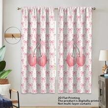 2pcs Watercolor Pink Cherry + Pink Bow Decor Curtain, Sweet Cherry Blossom & Bow Theme, Polyester Fabric, Suitable For Rental House, Living Room, Bedroom, Removable & Washable - Multicolor - View 11
