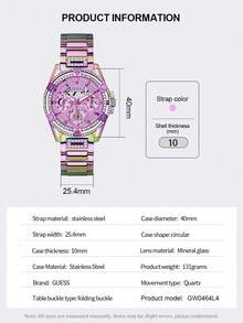 Guess Crystal Queen Series Women's Quartz Watch, Hollow Dial, Stainless Steel Case, 40mm Diameter, Elegant Ladies Watch, Suitable For Daily Wear, Birthday, Anniversary, Valentine's Day Gift - Purple - View 5