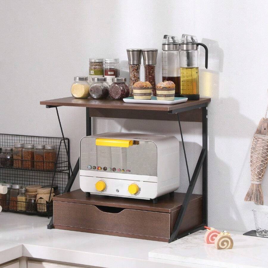 Microwave Oven Shelf Stand With Drawer, 2-Tier Kitchen Countertop Storage Rack Spices Rack Freestanding, Home Office Printer Stand Multifunctional Unit Shelving Wood Top Metal Frame - 雙層深胡桃木抽屜櫃 - 查看 1