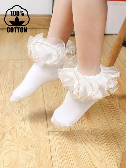 1 Pair Cotton Children's Medium & Small Flower Lace Trim Socks, Big Ruffle Lace Trim Girls' Princess Dance Socks