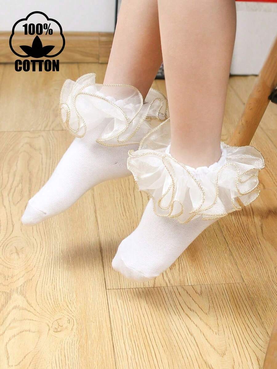 1 Pair Cotton Children/Toddler Lace Trim Ruffle Ankle Socks, Cute Princess Dance Socks For Girls - White - View 1
