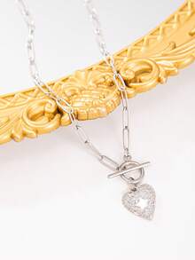 1pc Minimalist Stainless Steel Necklace With Heart Pendant, Fashionable Jewelry Gift For Women, Party/Friend (No Box) - Multicolor - View 4