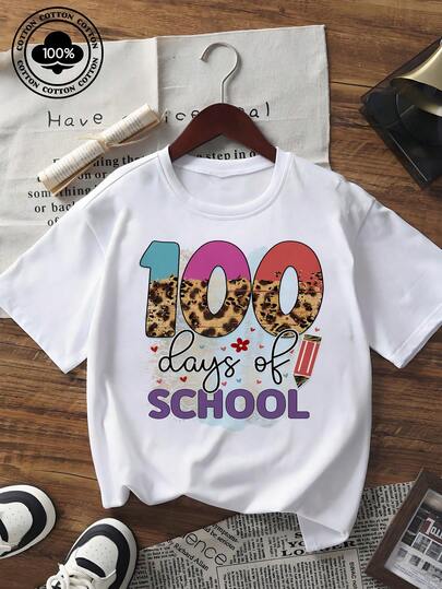 Women's Short Sleeve T - Shirt 100 Days Of School Graphic Tee Casual Leopard Print Crew Neck Top For Teachers Students Back To School Outfit