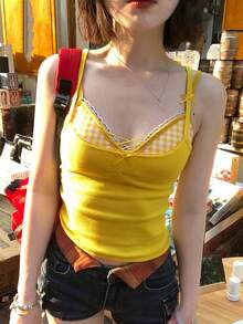 2-In-1 Lace Cami Top For Women, Bright Summer With Padded Bust, Layering Sleeveless Top - Yellow - View 1