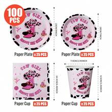 Western Cowgirl Themed Disposable Plates, Napkins, Cups - One-Time Party Supplies Set, Fits 25 Guests, Disposable Paper Plates Party Tableware Suitable For Birthday, Wedding, Theme Party, Family Picnic - Multicolor - View 2