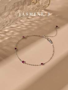 1pc S925 Sterling Silver Five-Diamond Chain Bracelet Features A Red Sapphire And Gold Accents. A Simple Yet Elegant High-End Jewelry Bracelet, Suitable For Everyday Wear By Women, It Makes A Perfect Gift. - Multicolor - View 11