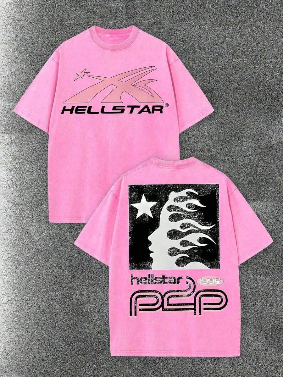 Worn-Out Washed Men's Short-Sleeved Shirt, Featuring A Pink Meteor Flame Human Face Silhouette Pattern In Letters On A Double-Sided Print, Retro Casual Loose Men's T-Shirt, Comfortable And Versatile Men's Clothing - 玫紅色 - 查看 1