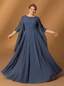 Faeriesty 大码女士蕾丝袖优雅雪纺正式晚礼服，适合新娘和新娘母亲，情人节适用 - 霧霾藍 - 查看 8