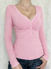 Áo thun nữ GAOVOT, phong cách Y2K mùa xuân/hè, thường ngày, gợi cảm, màu trơn, phối ren, tay dài, cổ chữ V, phù hợp cho công sở, màu hồng. - Hồng - Xem 3