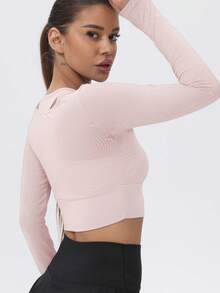 1pc Women Mesh Long Sleeve Cropped Yoga Active T-Shirt With Padded Bust - 粉色 - 查看 7