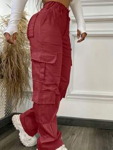 酒红色多口袋纽扣休闲Y2K风格优雅可爱轻便工装裤，适合返校、毕业典礼、俱乐部、生日派对、万圣节、感恩节、音乐会、健身房、海滩、办公室、日常穿着、户外、运动、机场、街头、教师节、春季、夏季、秋季、冬季等场合。 - 酒紅色 - 查看 5