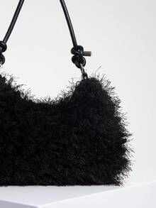 Solid Fluffy Soft Candy Color Satchel Bag, Y2K Style Faux Fur Tote Bags For Ladies, Party Bag, Party Dresses For Women, Winter Fur Purse, Suitable For Commuting, Work, Gatherings, Parties, Perfectly Matching With Fall Outfits Womenfall Clothes For Women, New Arrival Fur Bag For Women - 黑色 - 查看 4