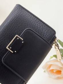 女士短款钱包，纯黑色，柔软精致的PU皮革手机钱包，时尚按扣双拉链大容量多功能钱包卡包，轻巧简约手拿包，适合作为节日礼物 - 黑色 - 查看 3