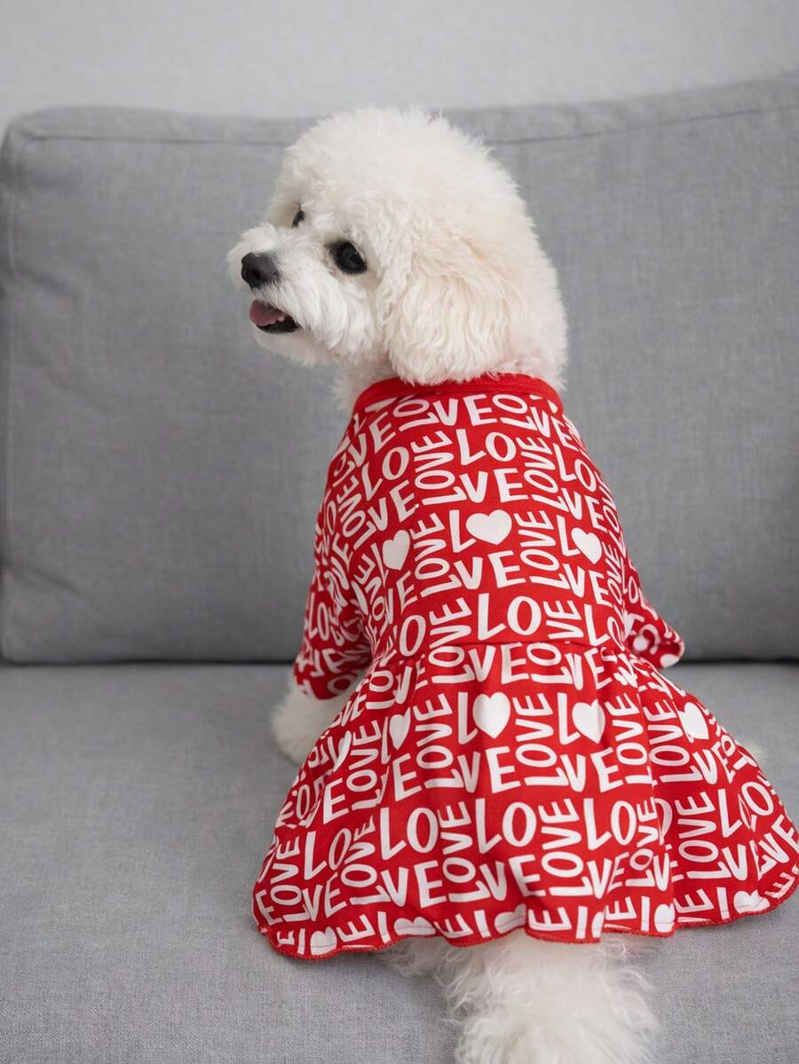 holdhoney 1 Piece Dog Dress – Pet Apparel For Small Dogs (Poodle/Teacup Breeds), Soft Comfortable Fabric Valentine's Day Love Print Pet Outfit, Cute Adorable Stylish Red Pet Clothing For Spring & Autumn, Perfect For Indoor Home Daily Wear, Photo Shoot Props & Valentine's Day Romantic Celebration, Fashionable Cozy Dog Costume – Sweet Love Pattern Pet Clothes To Keep Your Furry Companion Charming On Special Occasions - Red - View 1