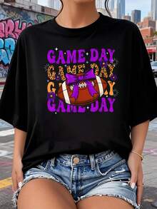 Camiseta de temporada de touchdown con lazo de fútbol del día de juego de leopardo púrpura 2026, nuevas camisetas impresas para mujeres, estilos populares, camisetas de primavera para mujeres, camisetas de invierno, camisetas de para mujeresás vendidas - Negro - Ver 8