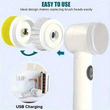 SOKANY 五合一电动清洁刷，USB充电，一键操作。便携式设计，易于收纳。多种刷头可选（硬毛刷、洗碗海绵刷、钢丝绒刷、海绵刷、软毛刷），适用于厨房、卧室、浴室、客厅等场所。 - 彩色 - 查看 5