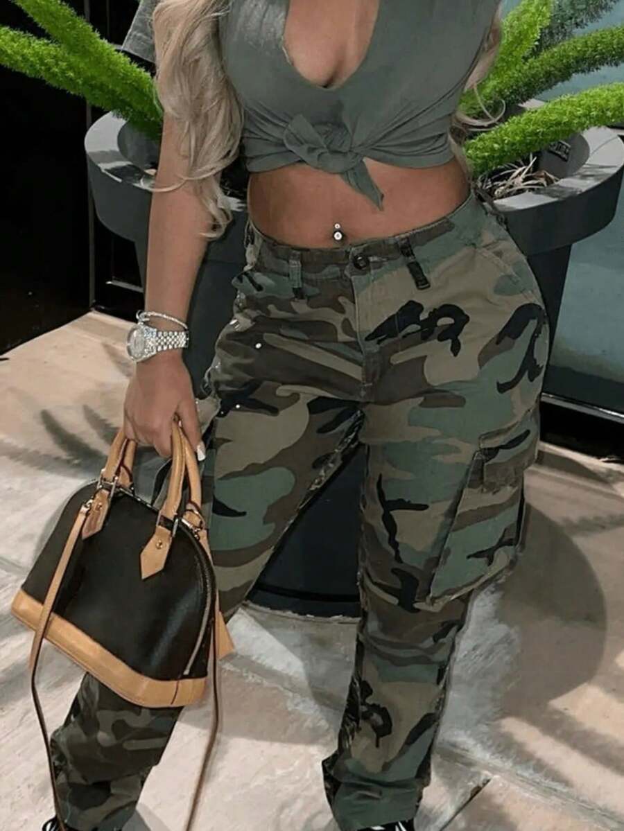 High-Waisted Straight-Leg Camouflage Work Pants For Women. Slimming And Versatile. And Fashionable. Essential For Daily Casual Wear. Ideal Christmas Gift. - 墨綠色 - 查看 1