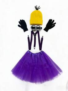 5pcs/Set Minions Theme Costume Set Including Stuart, Bob, Kevin Characters, Featuring Yellow Knit Hat, Cartoon Character Goggles, Black Gloves, Lace Skirt, Suspenders, Fashionable And Fun, Suitable For Christmas, New Year And Other Costume Party Events - Multicolor - View 14