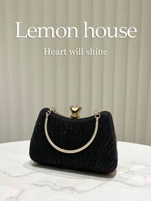 1pc Black Elegant Pleated Glitter Evening Bag, Metal Handle Clutch Purse, Vintage Lightweight Cheongsam Style Box Bag, Suitable For Party, Banquet, Wedding, Can Be Worn As Shoulder Or Crossbody - 黑色 - 查看 8