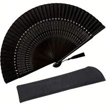 1pc Elegant Black Folding Fan, Vintage Bamboo Design With White Dots - Lightweight And Portable, Suitable For Dance, Performance, Wedding Decor, Party Accessories Or Gifts,Cute Stuff - Multicolor - View 2