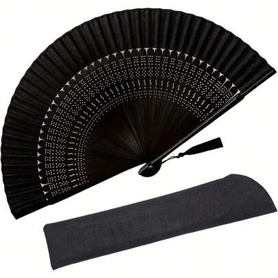 1pc Elegant Black Folding Fan, Vintage Bamboo Design With White Dots - Lightweight And Portable, Suitable For Dance, Performance, Wedding Decor, Party Accessories Or Gifts,Cute Stuff