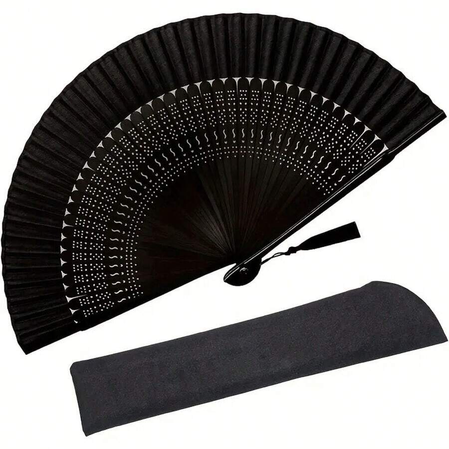 1pc Elegant Black Folding Fan, Vintage Bamboo Design With White Dots - Lightweight And Portable, Suitable For Dance, Performance, Wedding Decor, Party Accessories Or Gifts,Cute Stuff