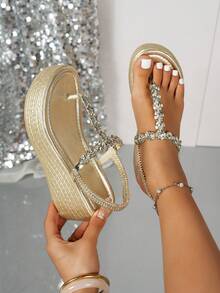 女士时尚金色手工串珠花朵水钻脚链厚底凉鞋 - 夏季露趾休闲厚跟凉鞋 - 金色 - 查看 4