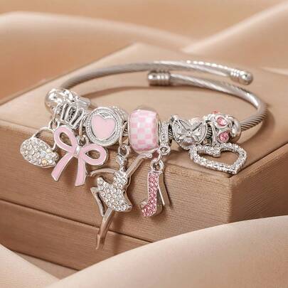 Adjustable Twisted Charm Bracelet, Cute Bow/High Heel Decor, Casual Wear & Girlfriend Gathering Accessory, Holiday Gift