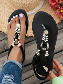 Giày sandal đế bằng phong cách Bohemian dành cho nữ, kiểu dáng giản dị, đa năng, phù hợp cho đám cưới, tiệc tùng, hoạt động ngoài trời và đi biển. - màu đen - Xem 2