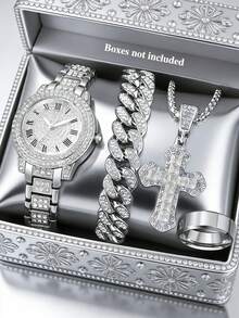 4PCS Round Silver Roman Quartz Watch With Cuban Bracelet Necklace Ring, Birthday Gift, Daily Versatile - Silver - View 6